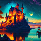 Digital artwork of majestic castle on island at twilight with sailing ship and surreal moonlit sky