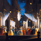 Formal evening ball outside grand building, guests in elegant gowns and suits under warm twilight glow