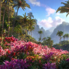 Tropical landscape with palm trees, pink flowers, and person in serenity