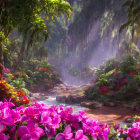 Enchanted forest scene with person by waterfall amid lush foliage