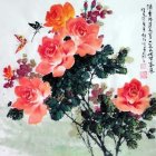 Colorful Floral Illustration with Pink Peonies and Asian Calligraphy