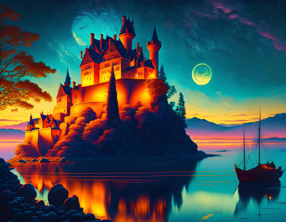 Digital artwork of majestic castle on island at twilight with sailing ship and surreal moonlit sky