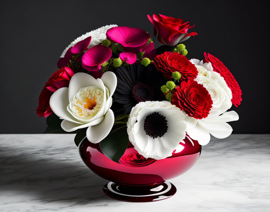 Colorful Flower Bouquet in Red Vase on Marble Surface