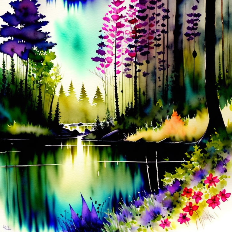 Serene forest reflection in vibrant watercolor