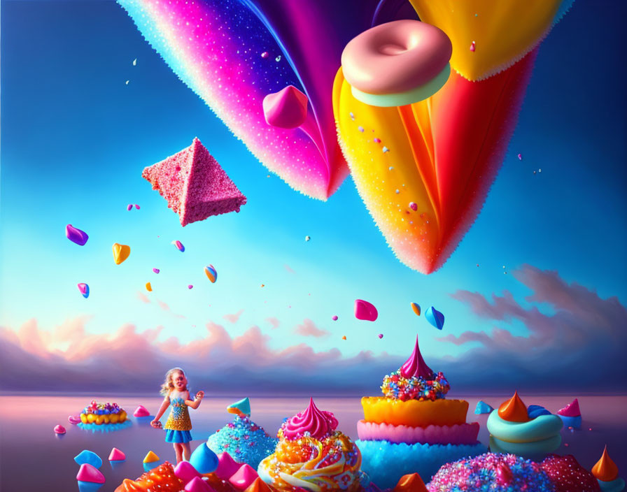 Vibrant fantasy landscape with candy-like mountains, calm sea, and surreal sky