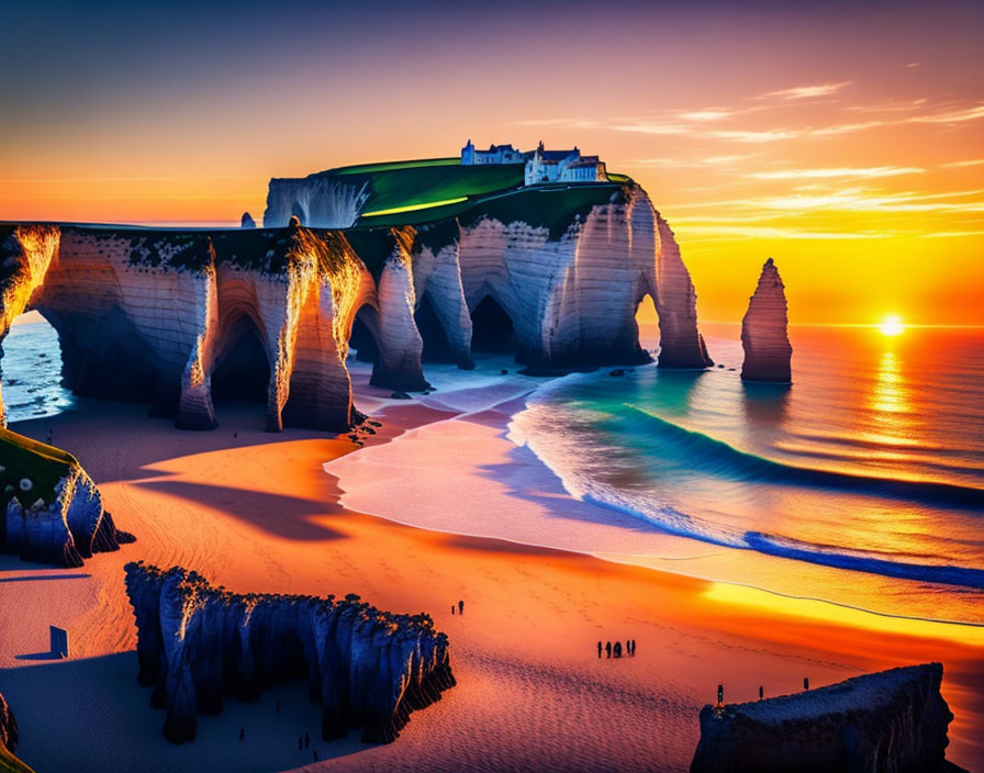 Scenic coastal sunset with cliffs, arches, waves, and building