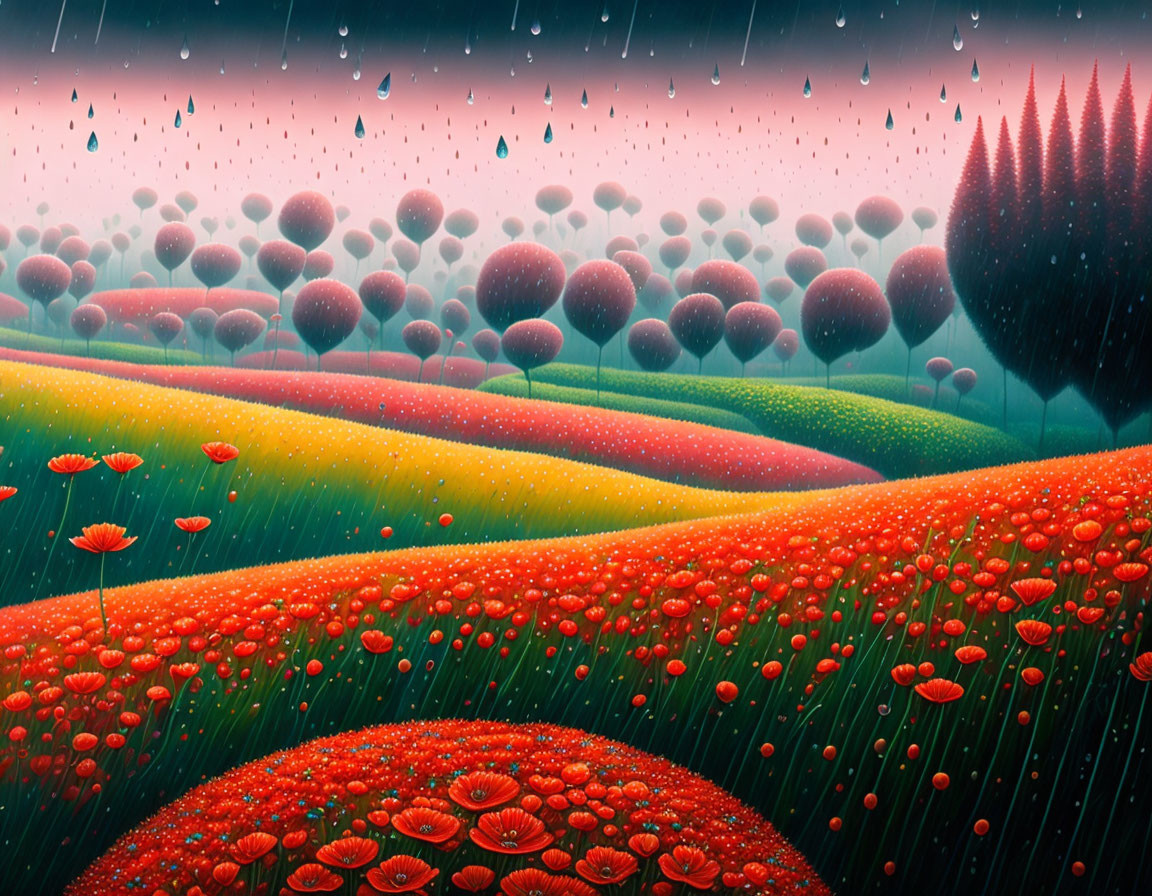 Vibrant flower-covered hills with whimsical balloon-like trees under a rainy sky