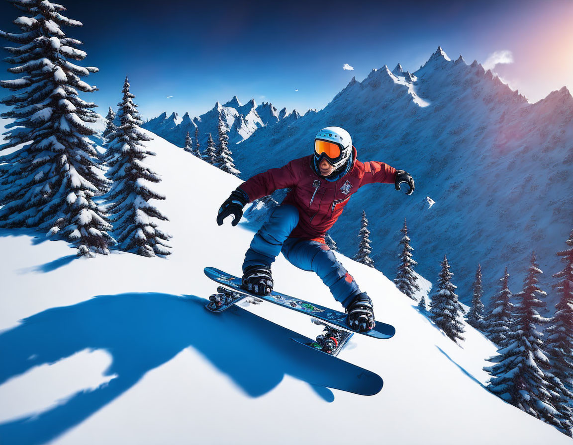 Snowboarder in red jacket jumps on snowy mountain slope