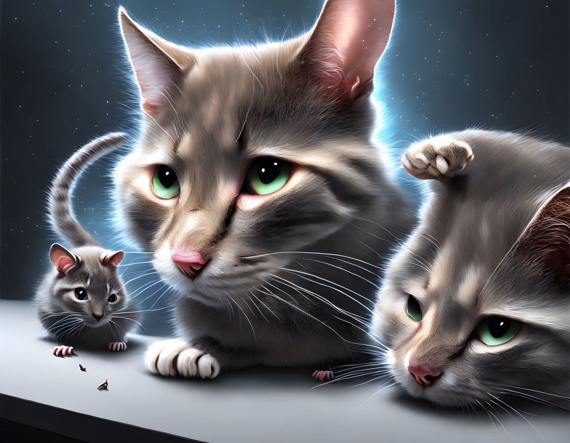 Three hyper-realistic animated cats with striking green eyes in a starry background, one reaching for a