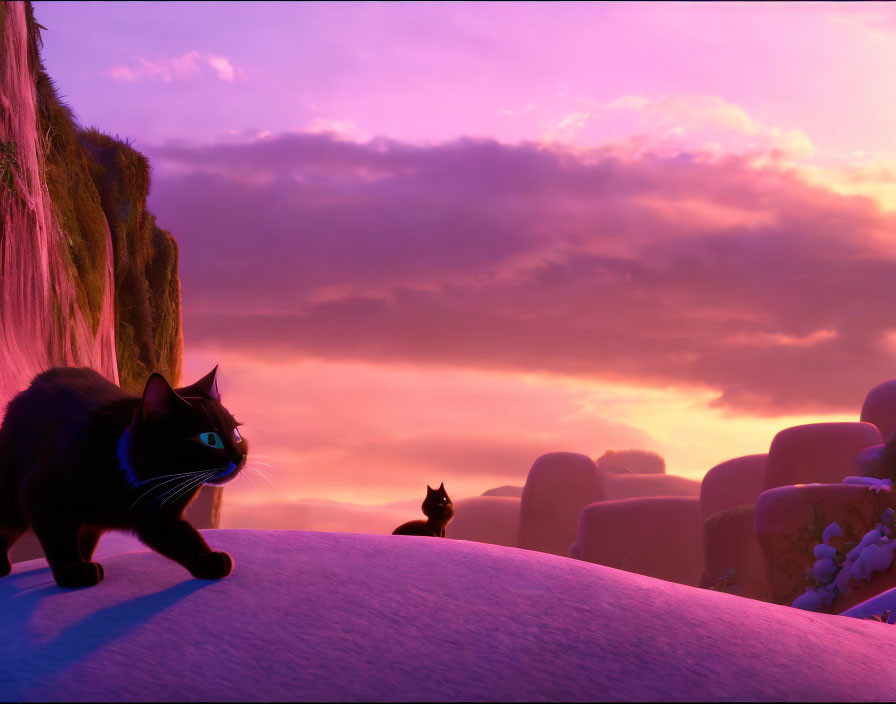 Black and white cat walking on snowy ridge under purple and orange sunset sky