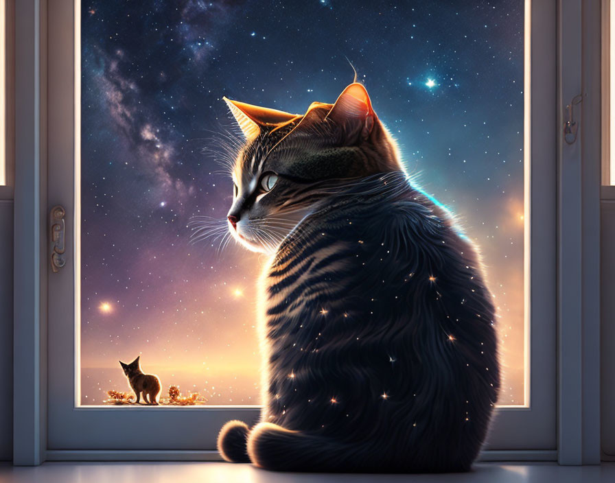 Cat gazing at starry sky by window with silhouette of another cat