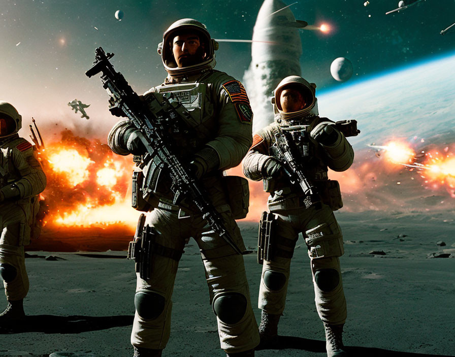 Three armed astronauts on rocky terrain with explosions and spaceships on distant planet