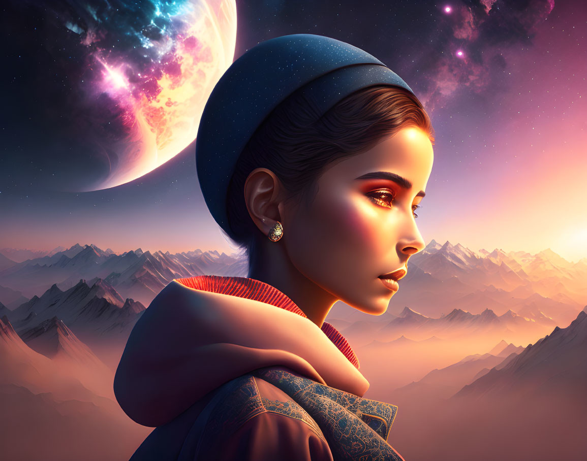 Digital art portrait of woman with cosmic background and twilight scenery.