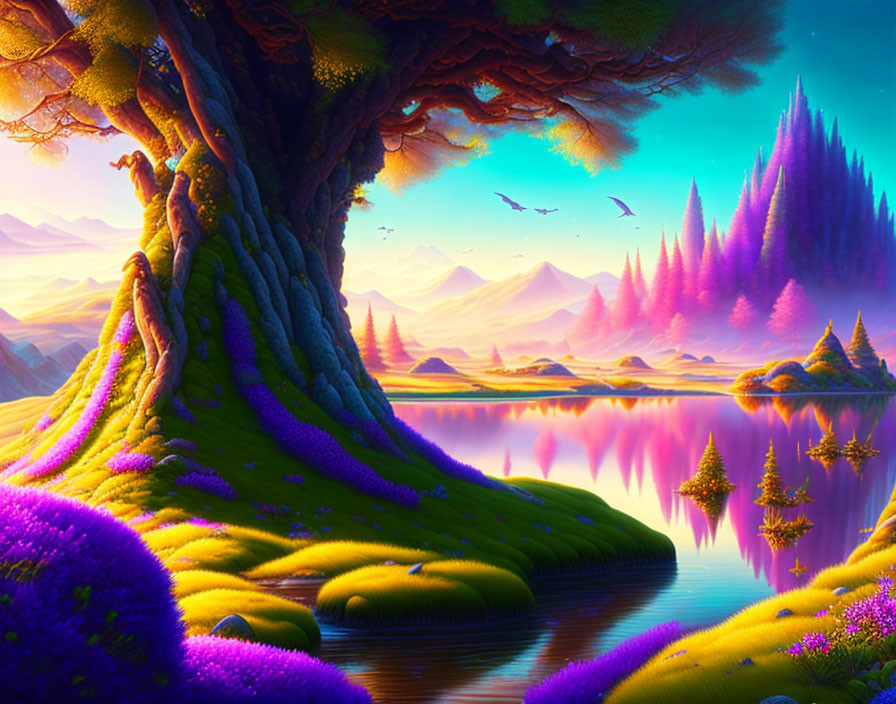 Majestic tree in vibrant fantasy landscape with purple foliage, reflecting lake, birds, and mountains at