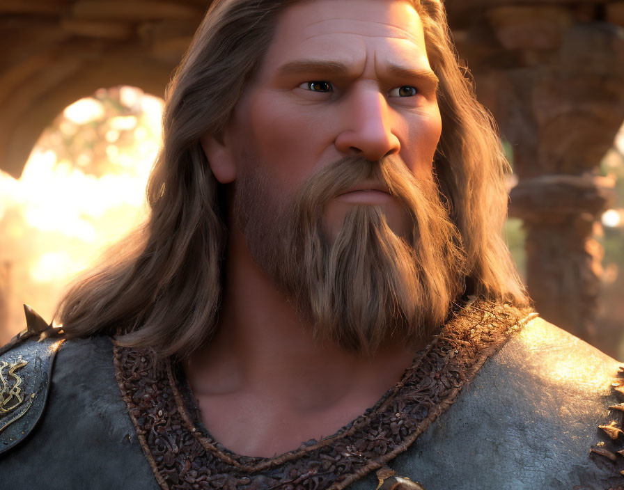 3D-animated male character with full beard and armor