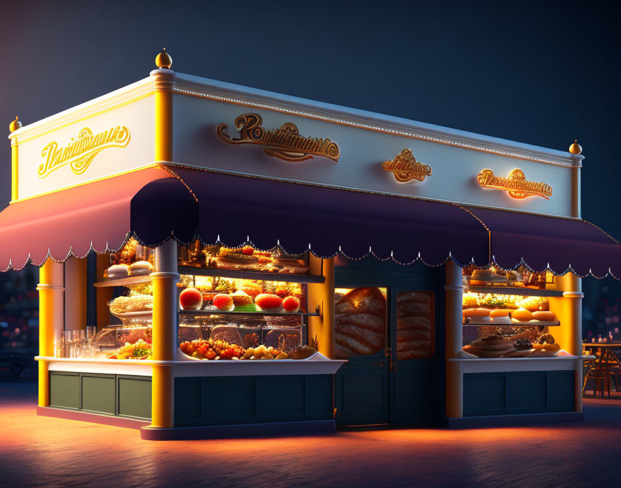 Nighttime bakery stand with illuminated display of bread and pastries under warm lights