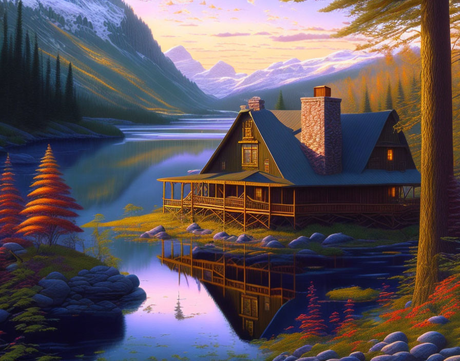 Tranquil digital painting of cabin by mountain lake at sunset