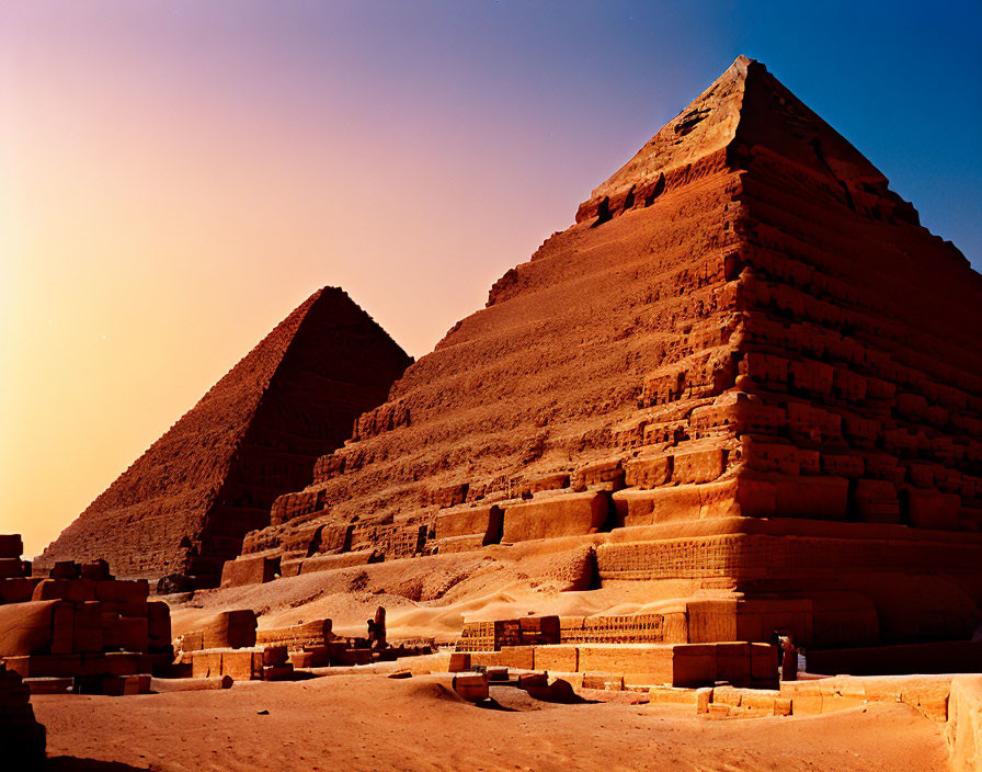 Ancient Egyptian pyramids at sunset under orange sky