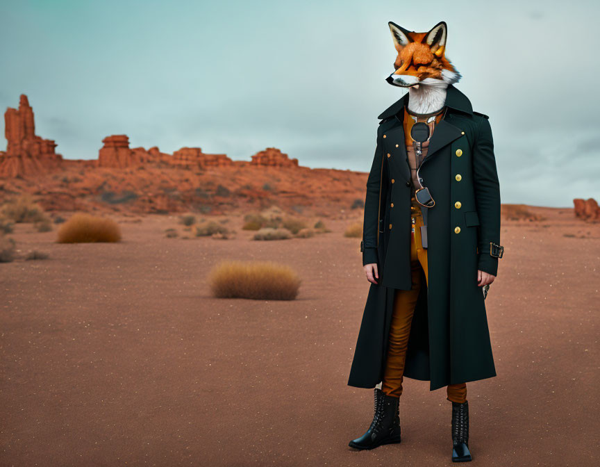 Fox-headed figure in stylish black coat in desert landscape