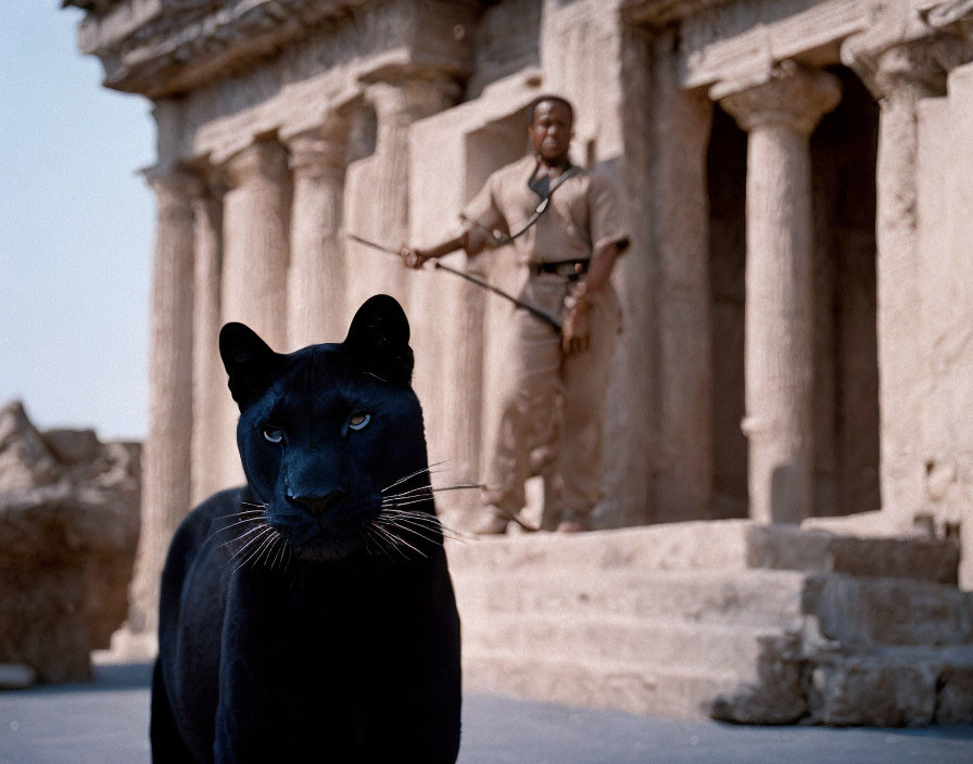 Black Panther and Guard with Rifle in Ancient Ruins