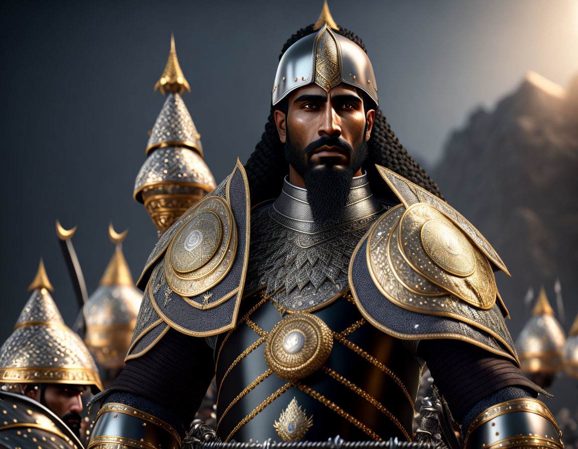 Digital artwork of bearded warrior in ornate armor with soldiers against dark mountain backdrop