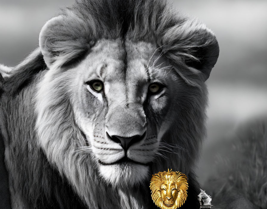 Majestic black and white lion with faint golden inset