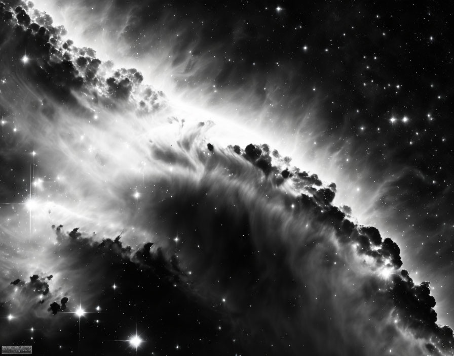 Monochrome celestial nebula with bright stars and cosmic dust patterns