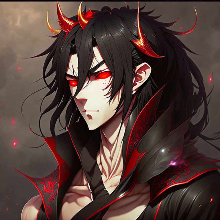 Dark-haired anime character with red eyes and horns in black and red attire on murky background