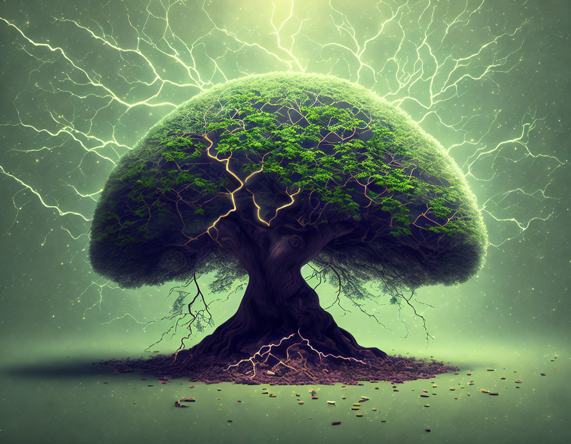 Majestic tree struck by lightning in dramatic scene