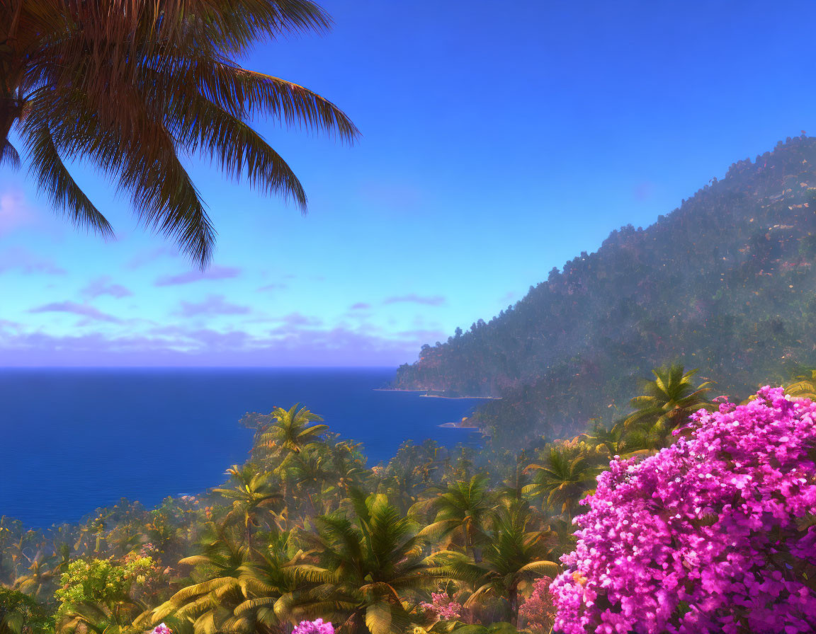 Azure Ocean and Palm Trees on Tropical Coastline with Pink Flowers