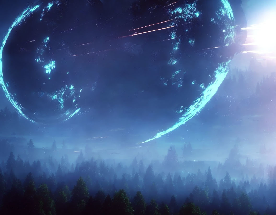 Digital art: Forest silhouette under night sky with glowing planet and shooting stars