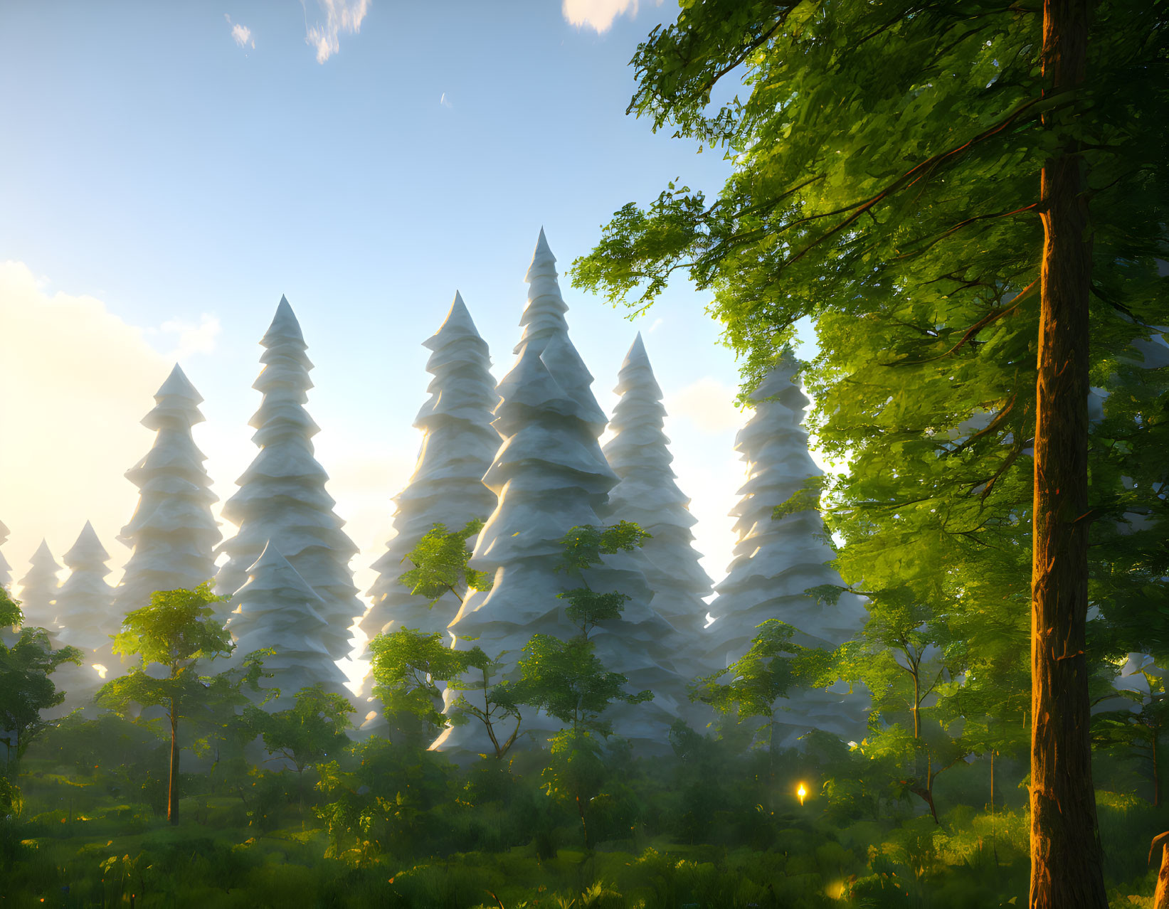 Misty forest scene with sunbeams and pine trees