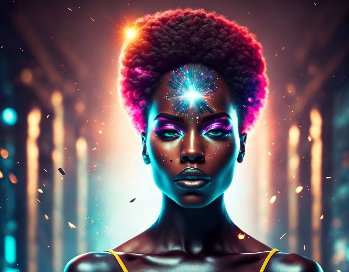 Digital Artwork: Woman with Glowing Skin and Afro in Futuristic Setting