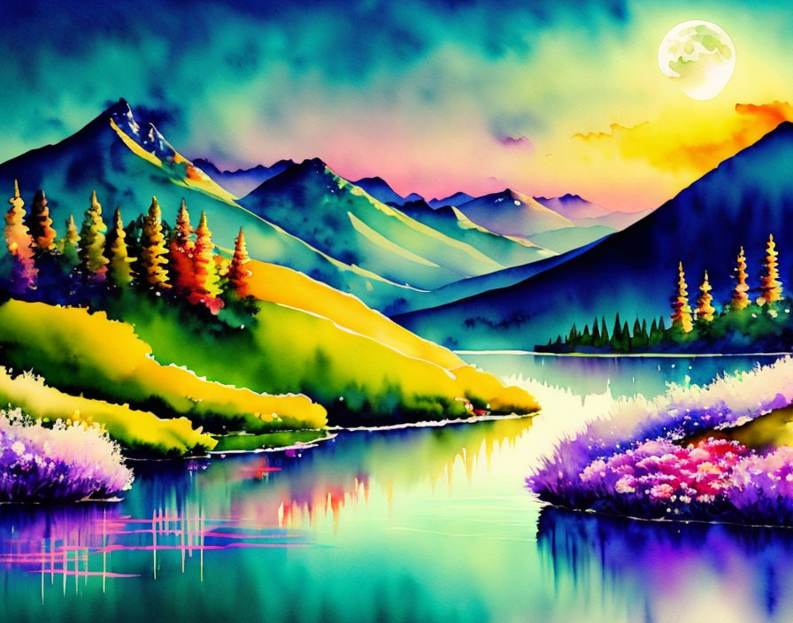 Colorful Watercolor Landscape: Mountains, Lake, Foliage, Moonlit Sky