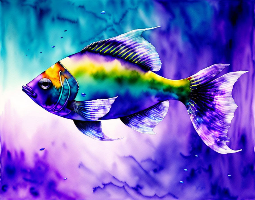 Colorful Fish Illustration with Yellow and Purple Hues on Watercolor Background