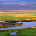 Colorful Landscape Painting: Fields, Lake, Mountains, Sky