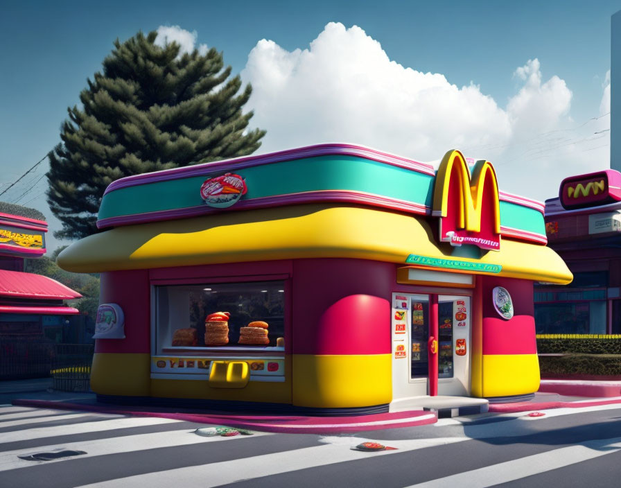 Vibrant fast-food restaurant illustration with golden arches logo and burger display