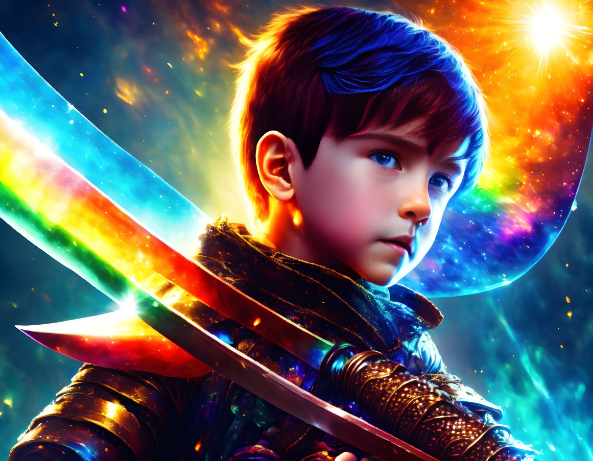 Dark-haired boy with glowing sword in cosmic backdrop