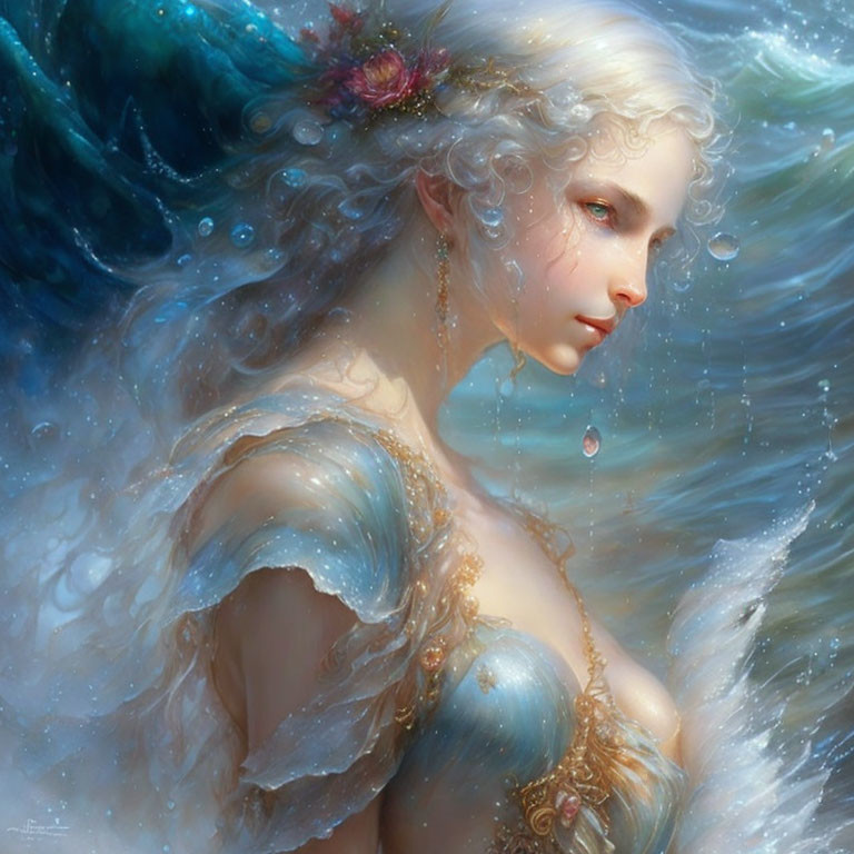 Ethereal woman in seafoam with flowers in hair