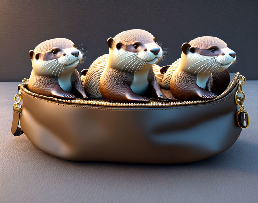 Three animated otters in open brown pouch on dark background