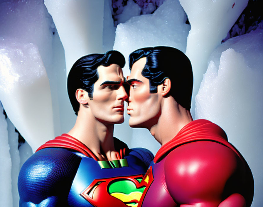 Identical superhero figures in red and blue costumes with capes, facing each other against crystal backdrop