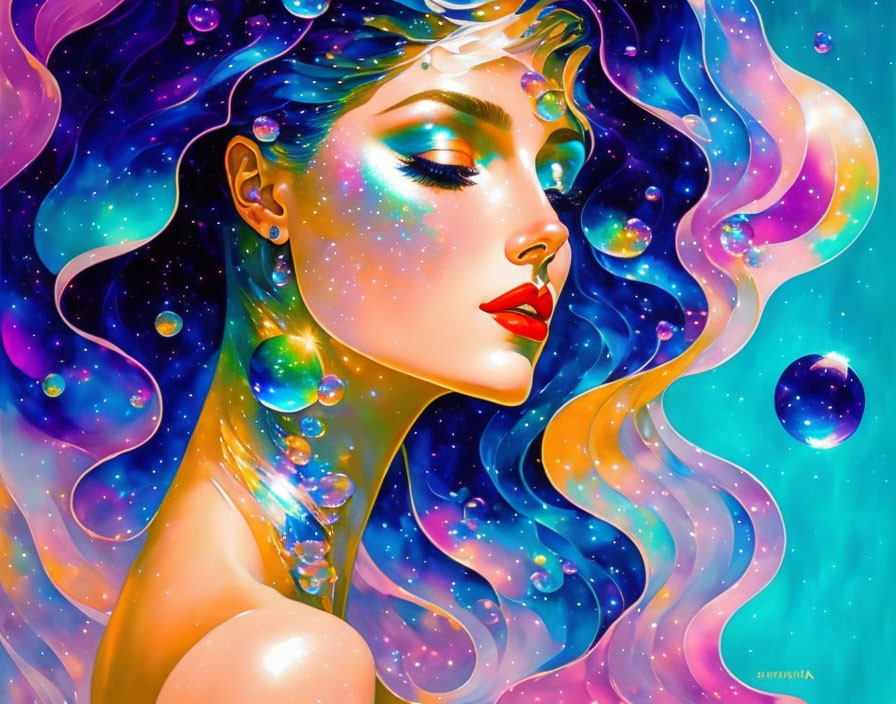 Colorful artwork of woman with cosmic hair and starry bubbles