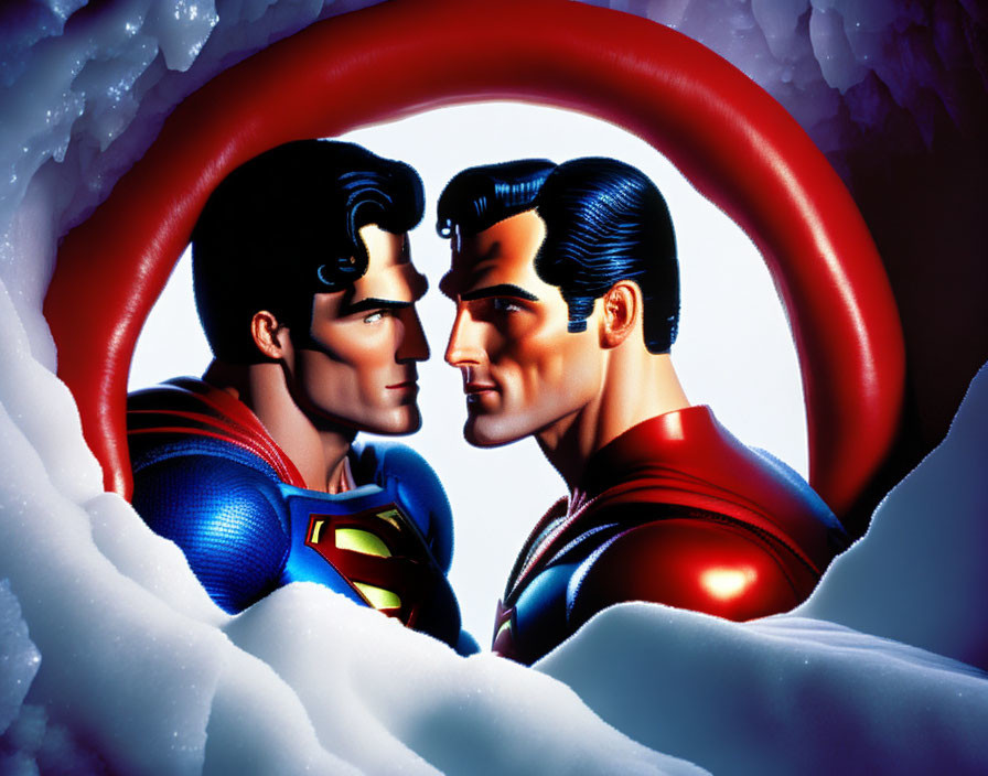 Identical superhero figures in red and blue costumes facing each other in a blurred red circle