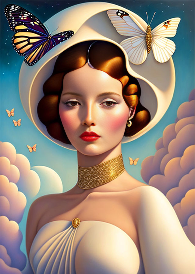 Digital portrait of woman with hat, butterflies, clouds, gradient sky