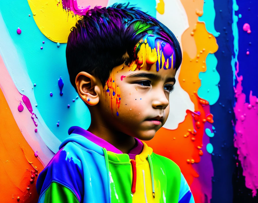 Child with colorful paint splatters on face against vibrant background