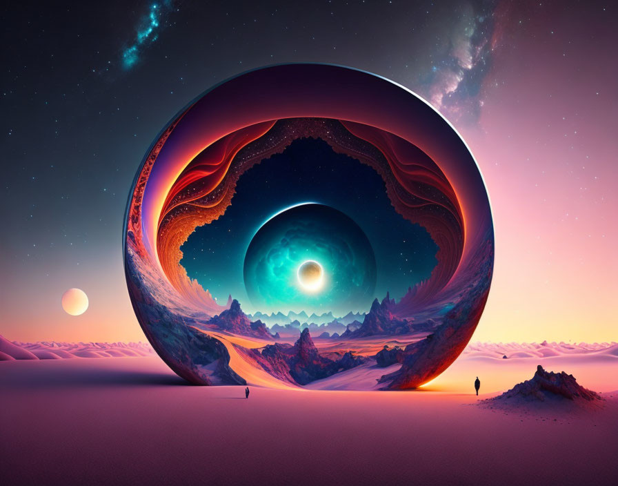 Surreal landscape with person, giant sphere, layers, stars, and celestial bodies