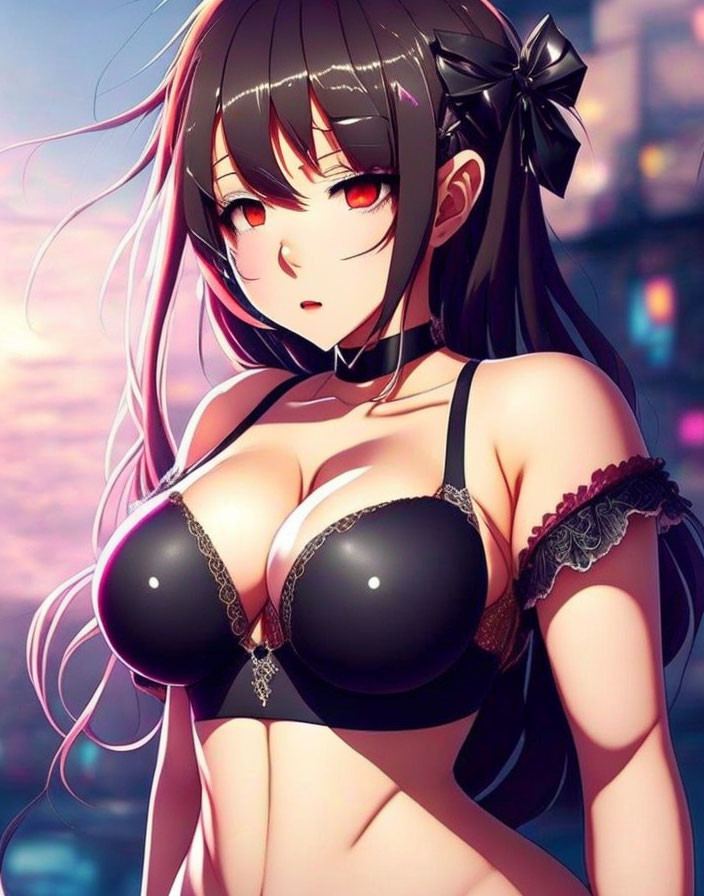 Anime-style digital artwork of female character in bralette against cityscape