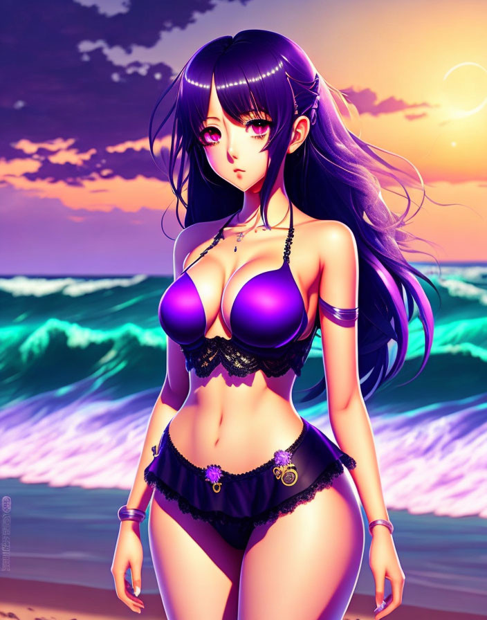 Animated character in purple bikini on beach at sunset