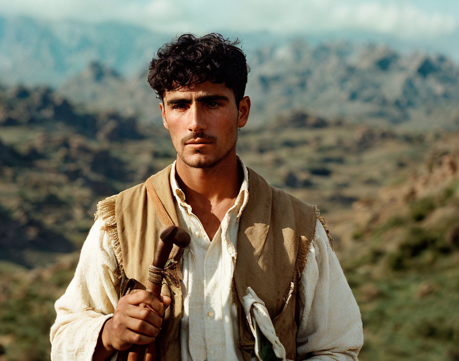 Curly-Haired Man in Period Attire with Staff on Rolling Hills