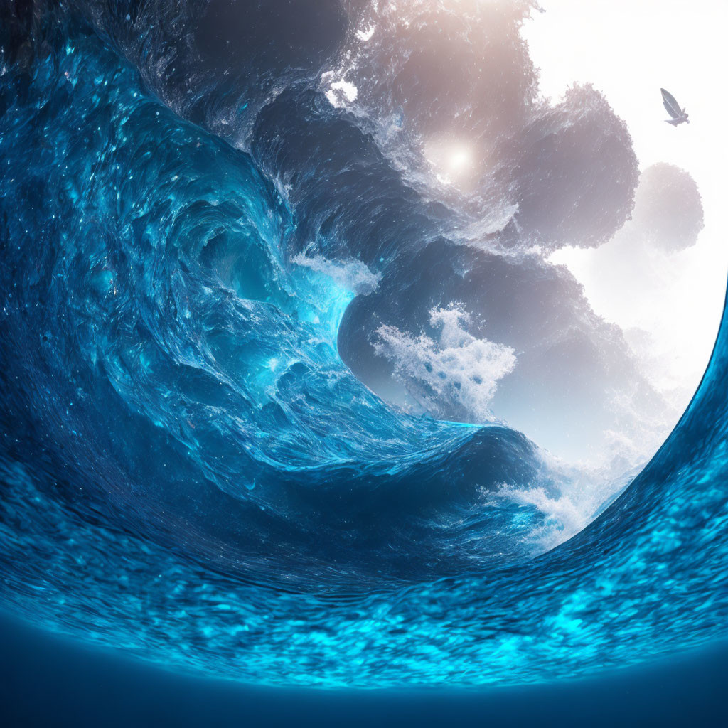 Surreal image of swirling blue waves under bright sky